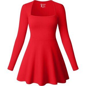 Women Long Sleeve Mini Dress Square Neck Red